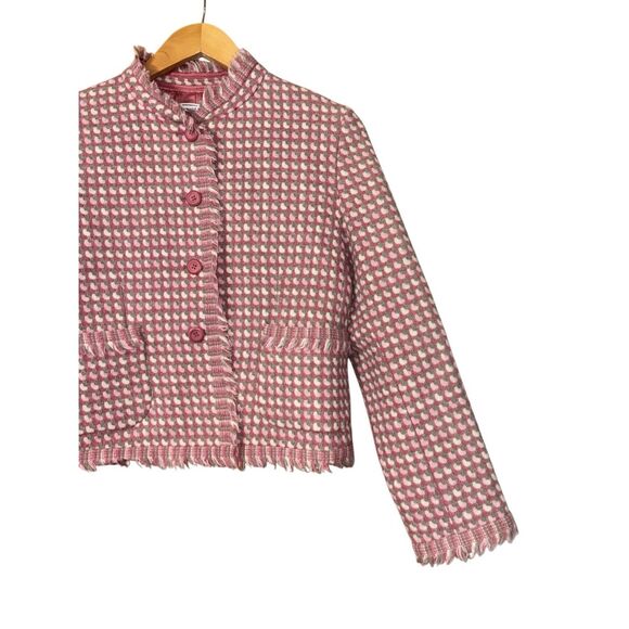Pendleton Tweed virgin wool Blazer cropped pink gray cream fringe size 6P Made i - Picture 9 of 10